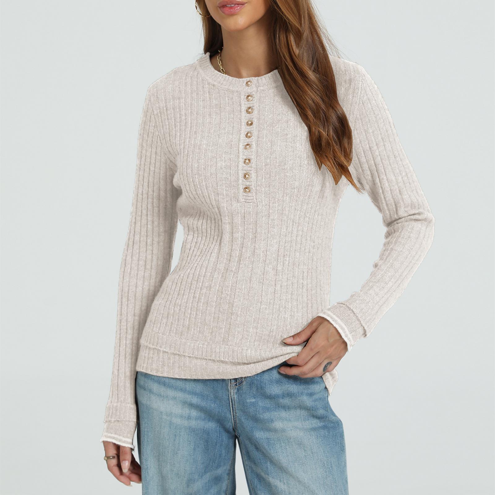 Women s Casual Color Round Neck Long Sleeve Pullover Sweater XL