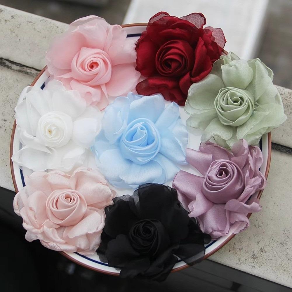 5Pcs 8cm Silk Roses Flower Head DIY Burnt Fabric Hair Flowers Women Hair Accessories