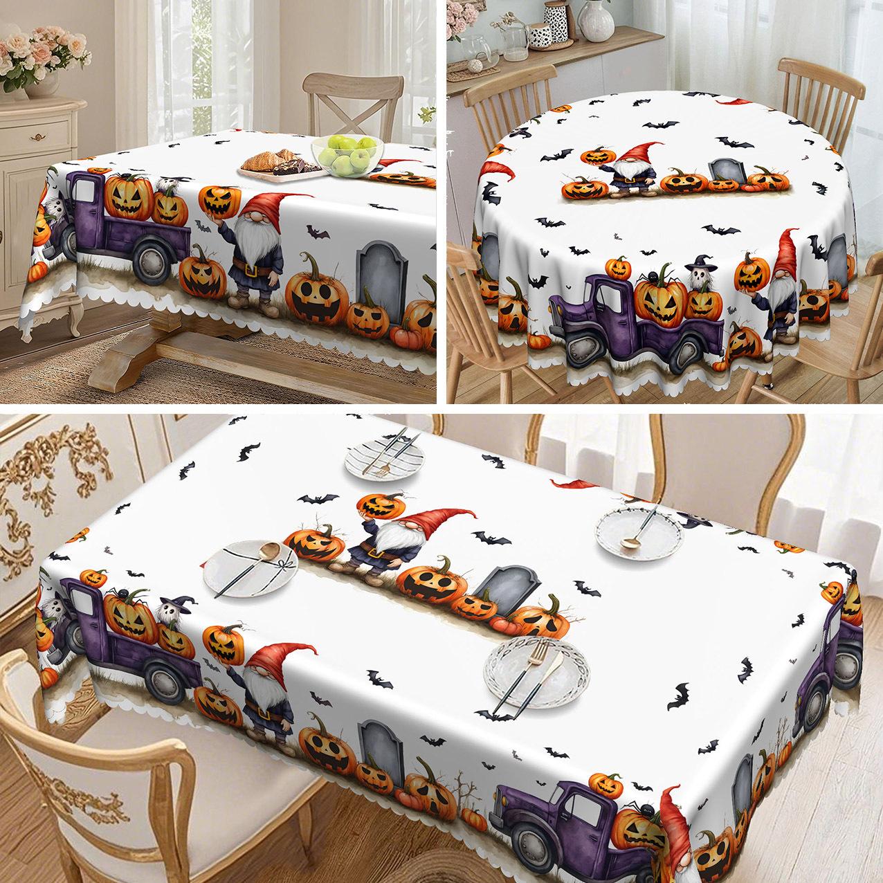 Хэллоуинская скатерть, украшение для вечеринки с привидениями, с гоблинами, тыквами и машинами - полиэстеровая скатерть round tablecloth-152x152cm