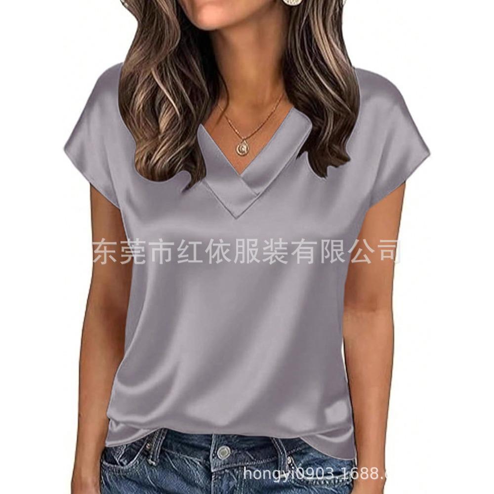 21-Color Women's Satin T-shirt Spring and Summer European and American Women's Clothing New V-neck Satin Casual Top Women