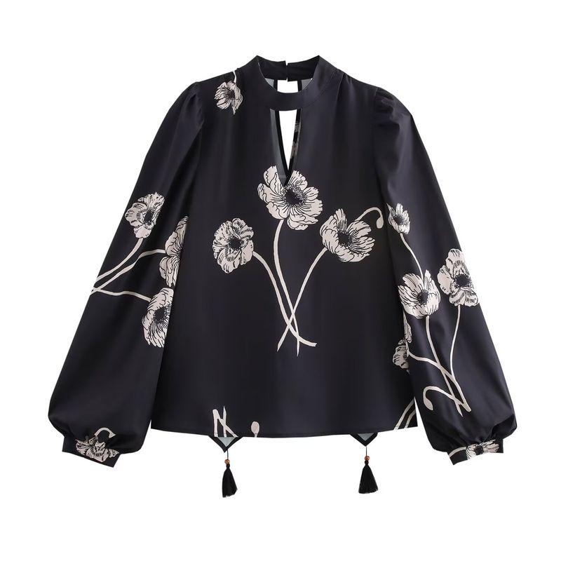 Kaslead New Arrival Women's Clothing Fashion Style Minimalist Easiest for Match Retro Print Half Turtleneck Bishop Sleeves Top