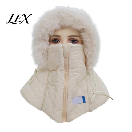 Cold Weather Gear for Women Winter Balaclava Hat, Quilted Face Mask Hood Zipper Closure, Fuzzy Trim, Warm Plush Trim Skiing Hat Fleece Lined,