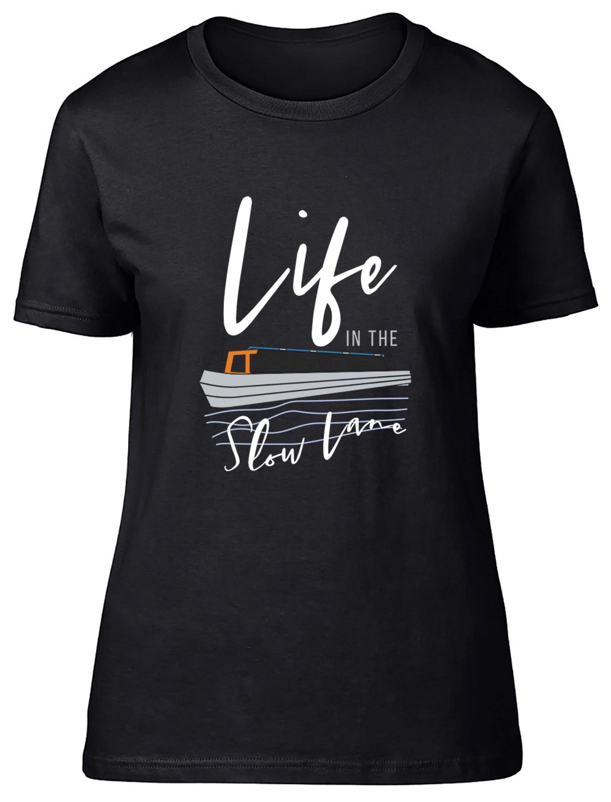 Life in the Slow Lane Narrowboat Canal Boat Womens T-Shirt Ladies Gift Tee XS