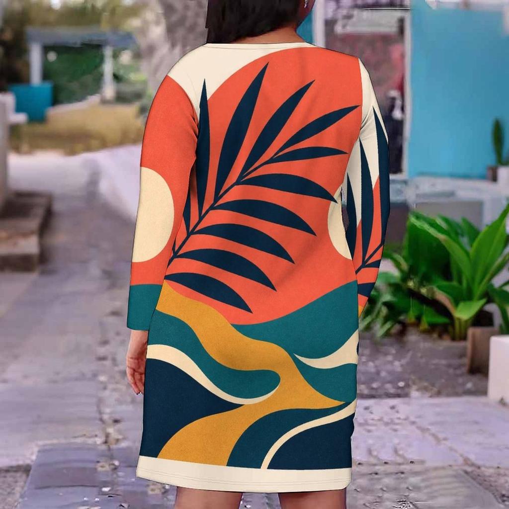 Women Plus Size V Neck Long Sleeve Gradient Printed Fitted Midi Dress