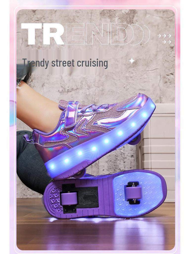 Children's Purple and White Convertible Four-Wheel Roller Shoes with Double-Wheel Hidden Skates