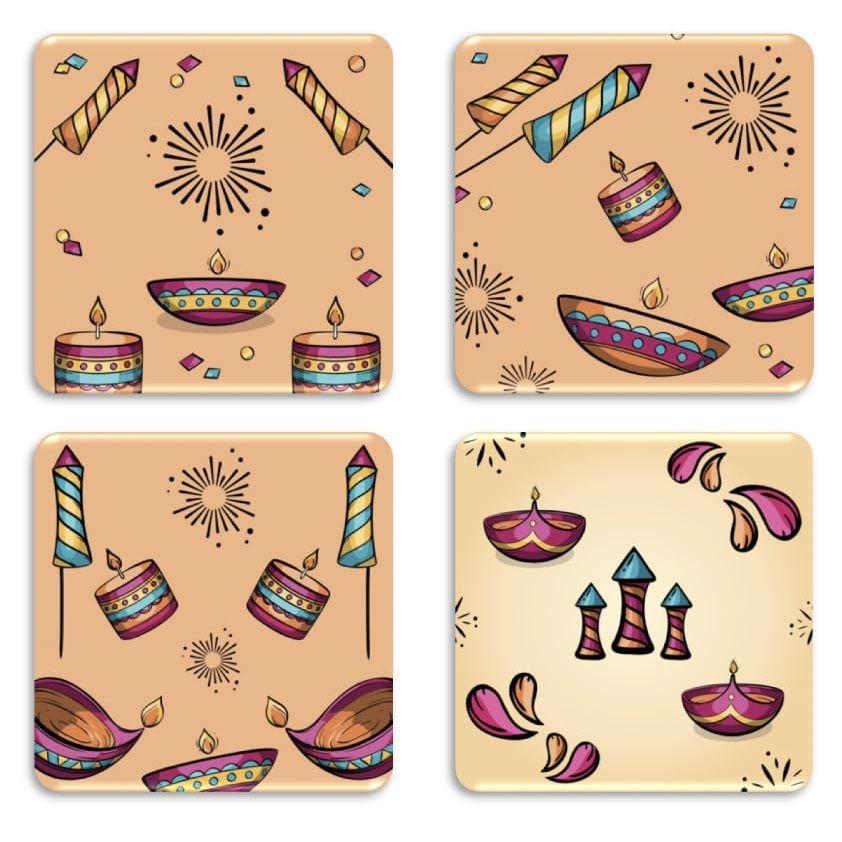 Coaster Set of 4 Beautiful Diwali Festive Tea Coasters with Stand Designer Quality for Tea Cups,Coffee Mugs and Glasses