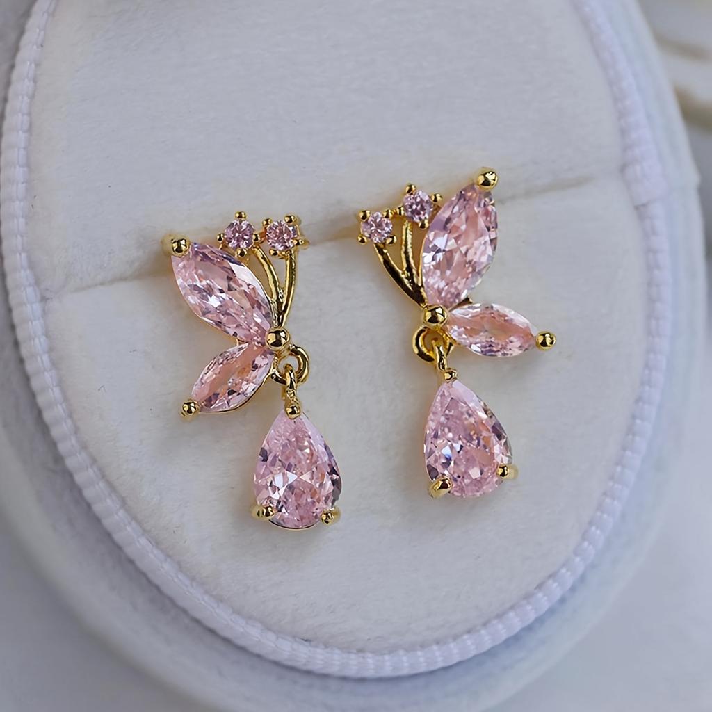 Pair Fashionable Elegant Exquisite Butterfly Bow Glass Inlaid Earrings for Women Daily Commuting Dating Gift