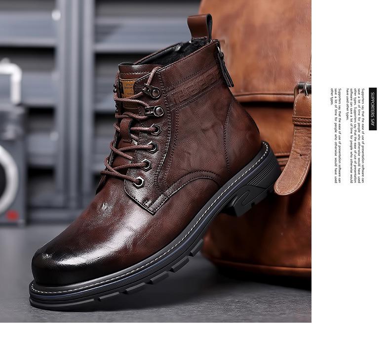 Men's Black High-Top Martin Boots - British Style Casual Motorcycle Leather Footwear for Autumn and Winter.