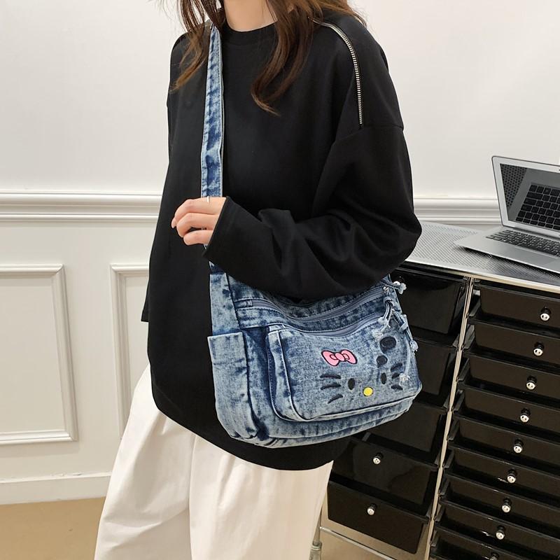 Kawaii KT Cat Denim Shoulder Bag for Girls, Cute Casual Single Strap Crossbody Purse, Trendy Multi Pocket Messenger Bag