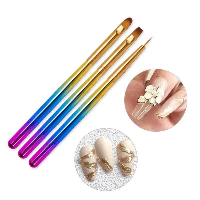 3Pcs Nail Art Brush UV Gel Polish Painting Line Flat Builder French Petal Gradient Tips Design Flower Tools Manicure Draw Pen
