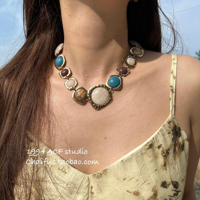 

Chai Fu Studio/X470 Fashion Exaggerated Colored Gems Style Geometric Necklace Retro Distressed Metal Gorgeous Necklace Gold
