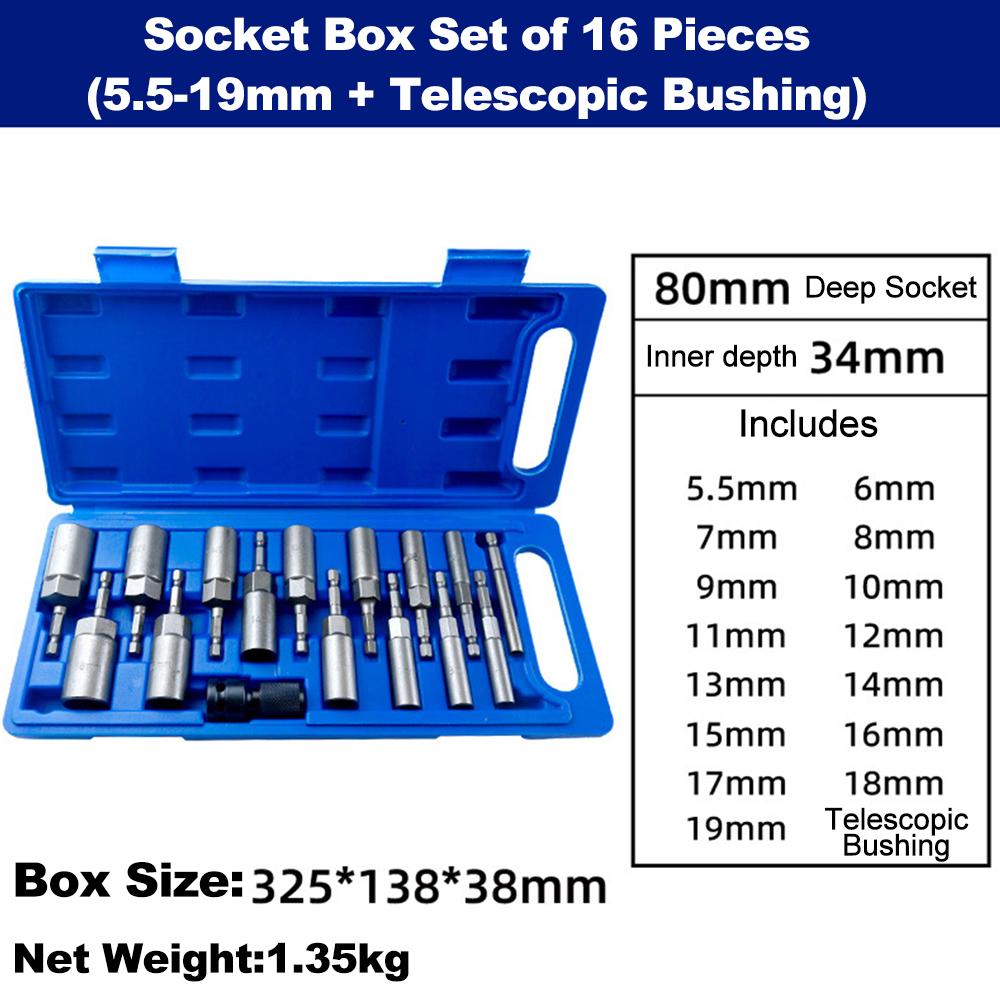 Length Deepen Impact Socket Adapter 5.5-19mm Power Nut Driver Socket Set 16Pcs Hex Shank Screwdriver Key Head Hand Tool