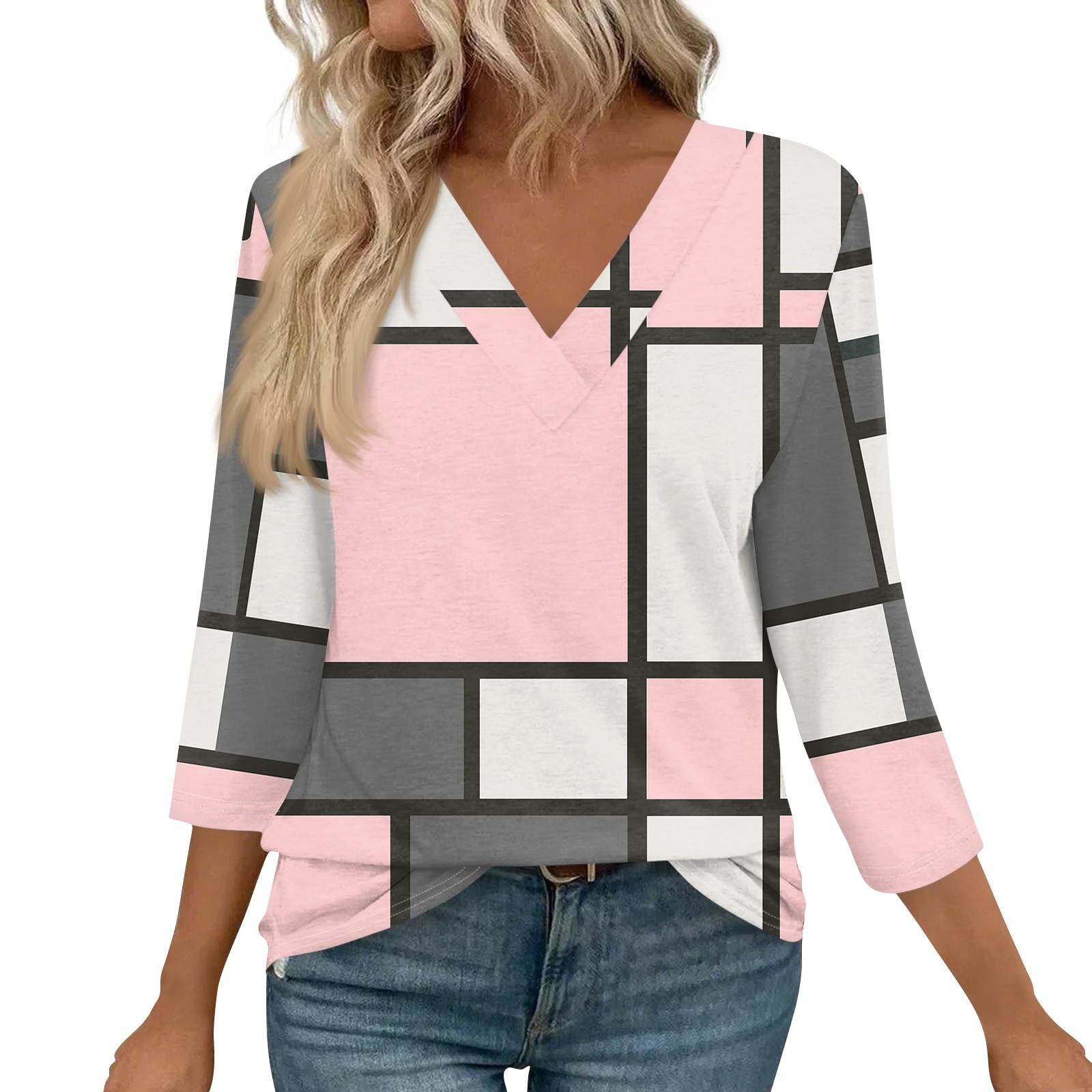 

Жіночі топи з V-подібним вирізом, повсякденні туніки, звичайні сорочки, вільні блузки з рукавом 3/4 XXL рожевий