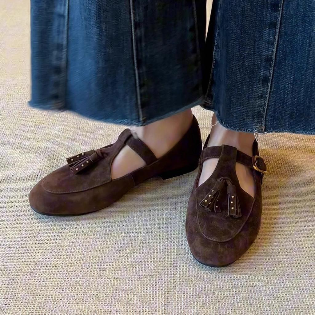 Sheepskin version~ Genuine leather literary and artistic flat bottom fringed round head rivets shallow mouth single shoes women's versatile co
