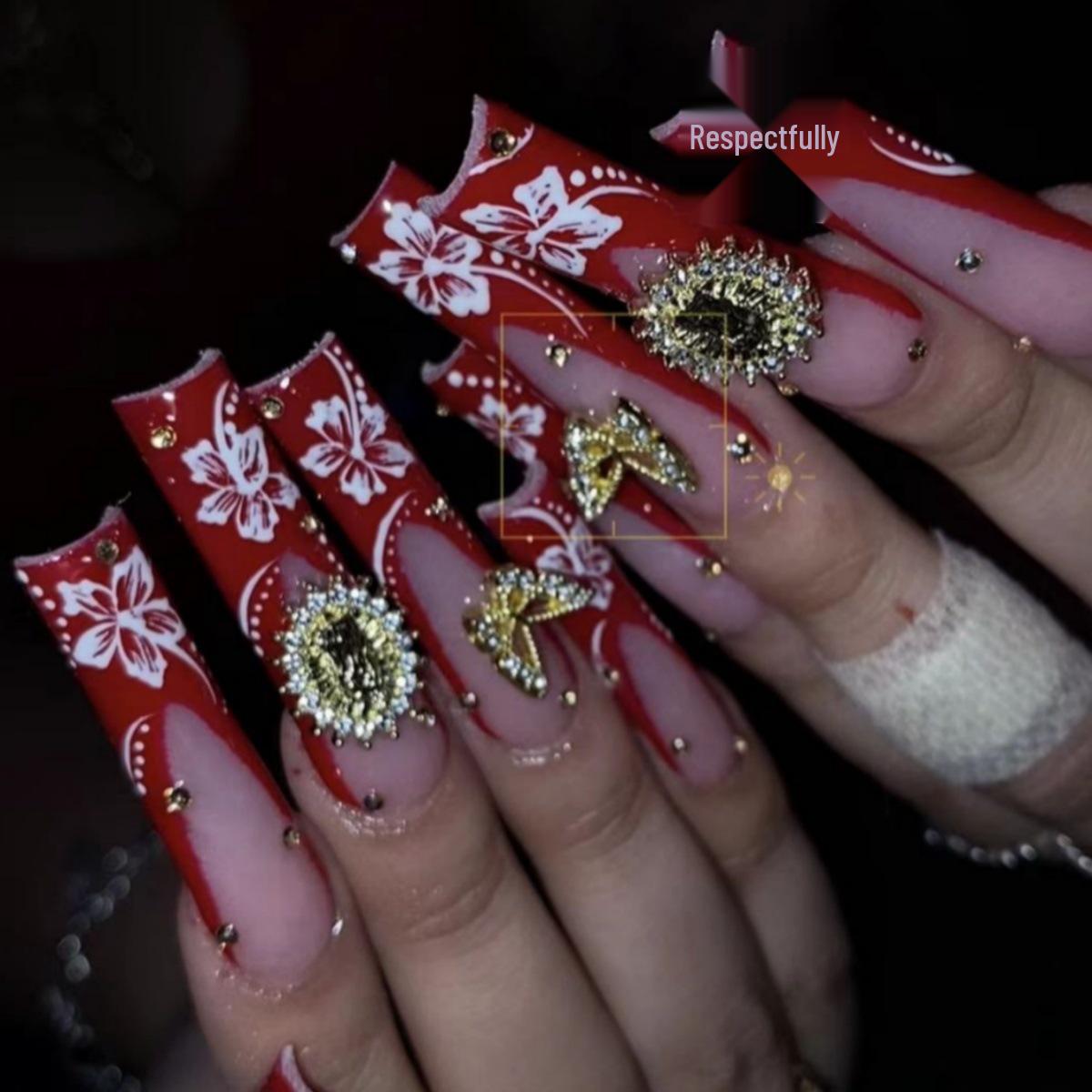 

European & American Red Bow Floral Press-On Nails - Long Square Design