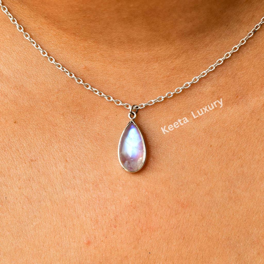 Moonstone Necklace, Delicate Necklace, Boho Moonstone Drop Necklace, Rainbow Moonstone Tear Drop Pendant, Sterling Silver Moonstone Necklace