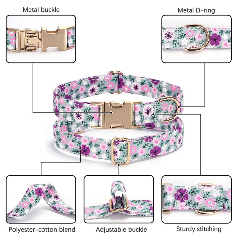 Floral Print Dog Collar and Leash Set Adjustable Soft Nylon Pet Collar with Metal Buckle Dog Lead for Daily Walking Training