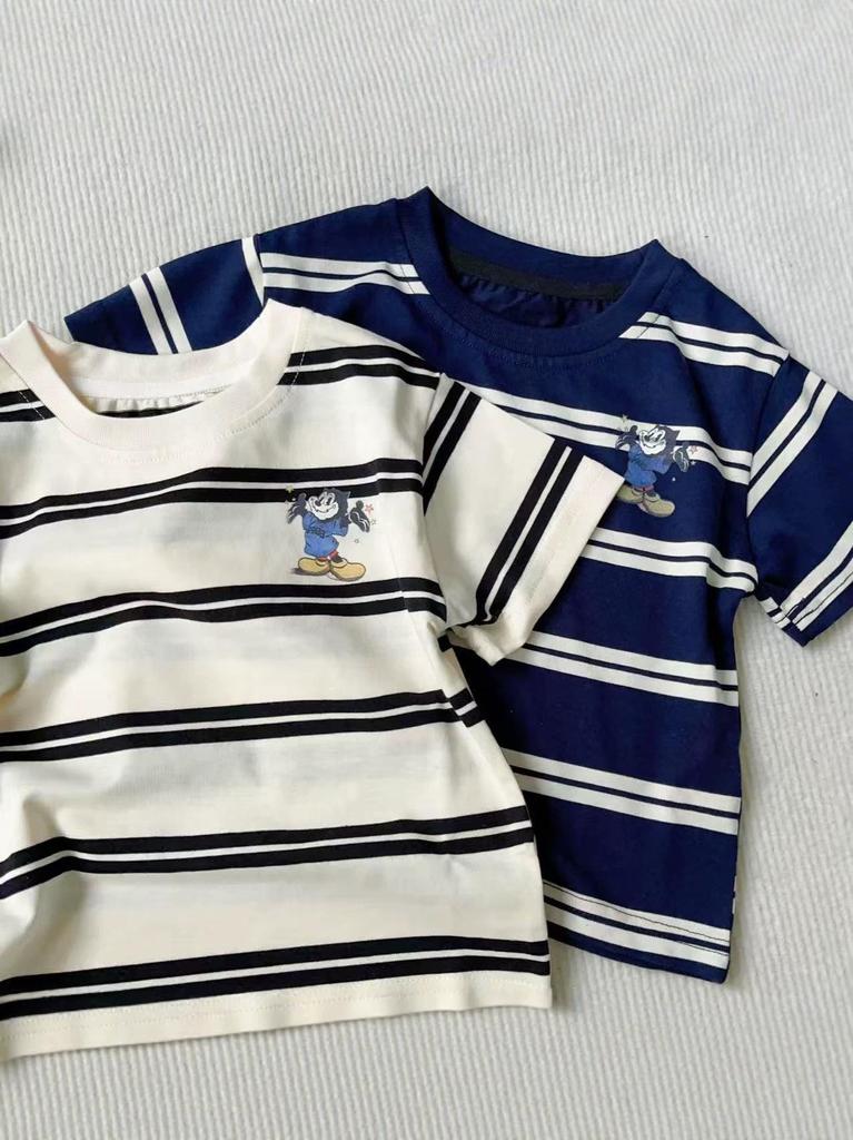 Kids' Summer Cartoon Print Striped T-shirt - Pure Cotton, Korean Style, Short Sleeve, Unisex