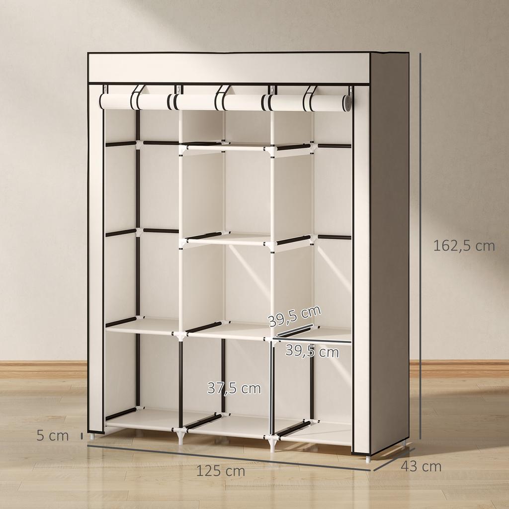 Multi-Storage Wardrobe, 8 Shelves, 2 Hanging Rails, Cream Non-Woven Fabric
