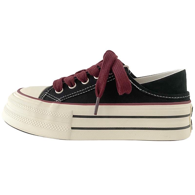 Dikke Bodem Canvas Schoenen Dames Ronde Neus Platte Veters Dubbele Band Veelzijdig Dunne Zool Board Schoenen Ademend Laag Uitgesneden Casual