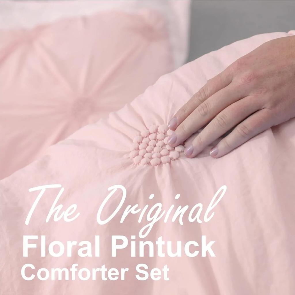 Full/Queen Baby Pink Rose Blush Comforter Set - Ruched 3D Floral Pintuck Bedding Set - 3 Pieces Bed Linen, 1 Comforter