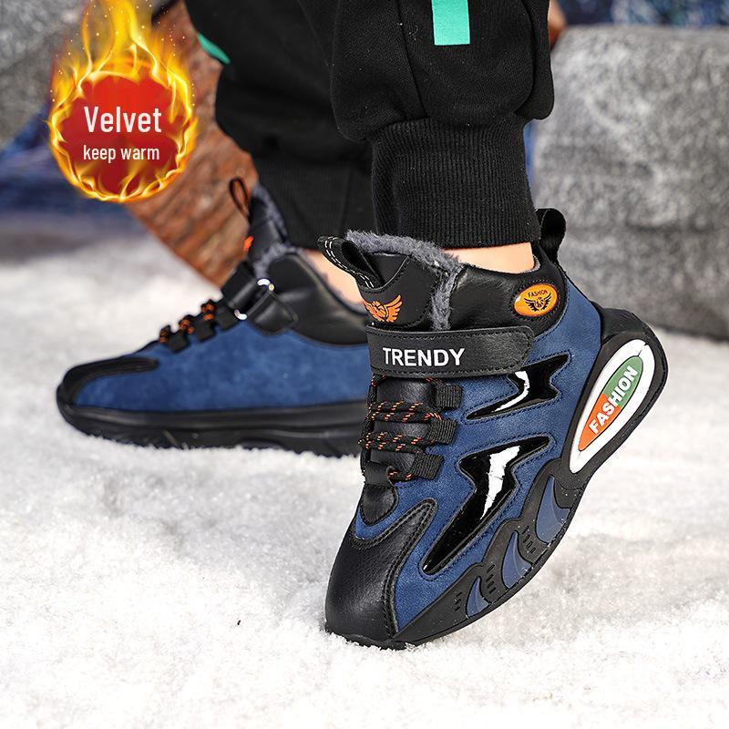2025 Autumn/Winter Boys' Cotton Sports Shoes - Warm Velvet Lined, Medium/Large Button Design