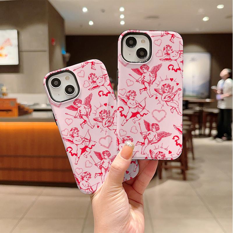 Light Pink Red Cupid Angel Heart Line Print Soft Silicone Shockproof Phone Case Romantic Valentine Gift For iPhone 17 16 15 14 13 12 11 Pro Max Mini