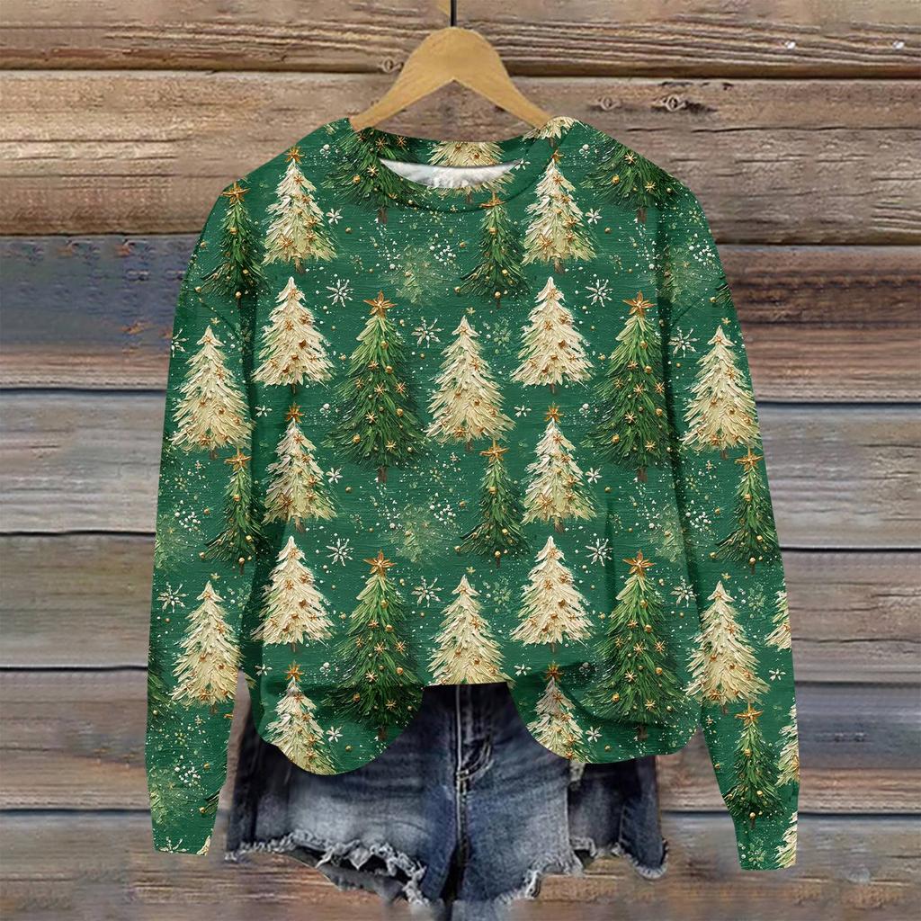 Women's Fashion Christmas Printed Long Sleeve Loose Round Neck Sweatshirt Top