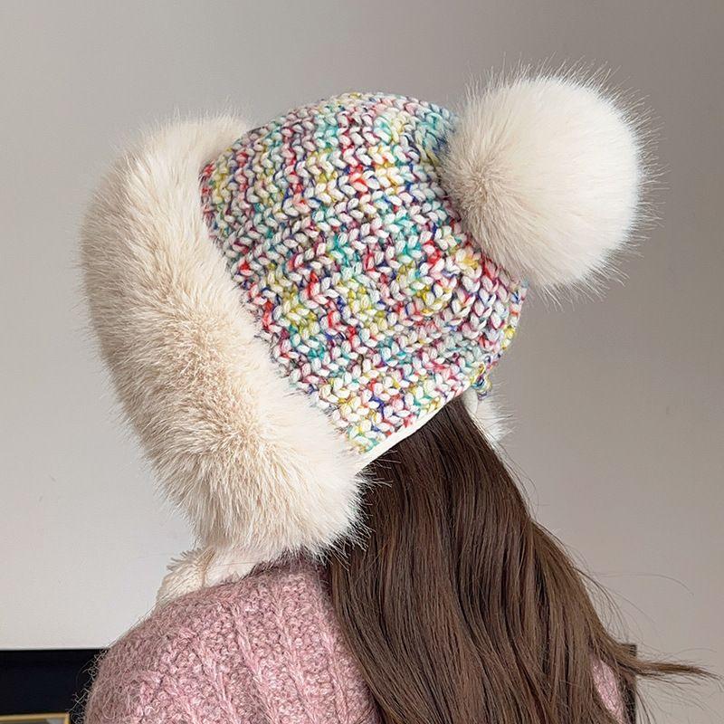 Touca Térmica de Inverno de Pele de Coelho Sintética para Mulheres, Bonita, Espessa, Branca, com Pompom Fofo, Abas de Orelha, Encaixe, Chapéu de Pelúcia