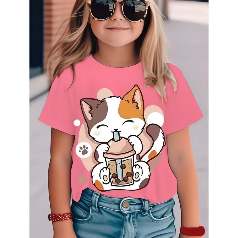 Süße Katzenmädchen Kleidung Druck Kinder T-Shirt Pullover Kurzarm Bequeme Kinderkleidung