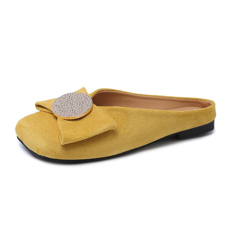 Fashion Square Head Shallow Mouth Cow Suede Slippers Summer New Baotou Crystal Buckle Soft Sole Anti-slip Wear-resistant Flat Shoes