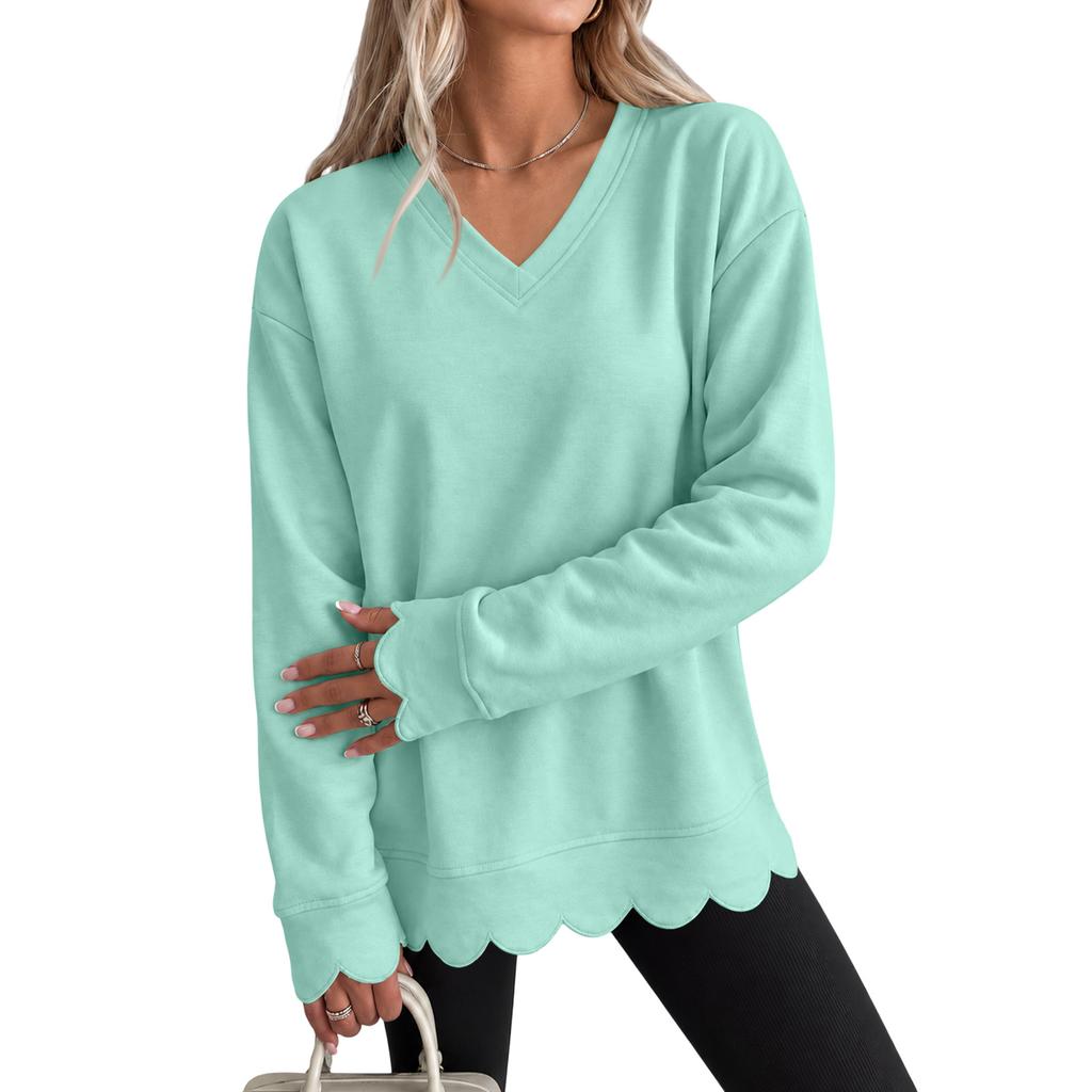 Damen-Sweatshirt mit Muschelsaum und Wellensaum, Rundhalsausschnitt, Lockere Passform, Drop-Shoulder-Ärmel, Pullover-Top für Freizeitkleidung