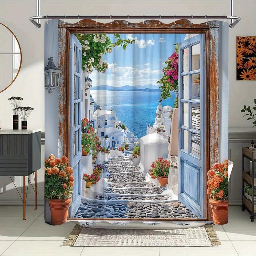 Dunika Chen White Greek Island Shower Curtain - Buildings, Azure Sea & Flowers, Vibrant Mediterranean Scene, Water-Resistant