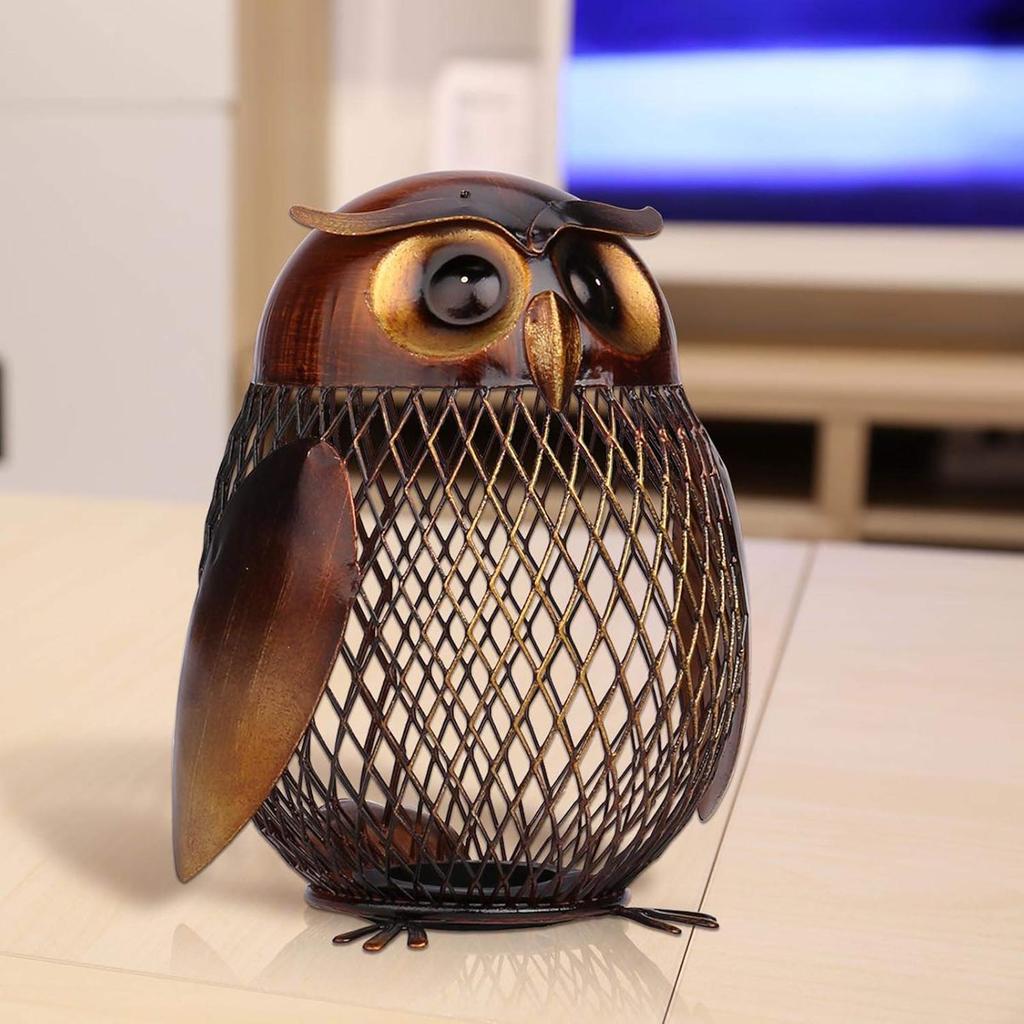 Tooarts Owl Shaped Metal Coin Bank Box Handwork Crafting Art