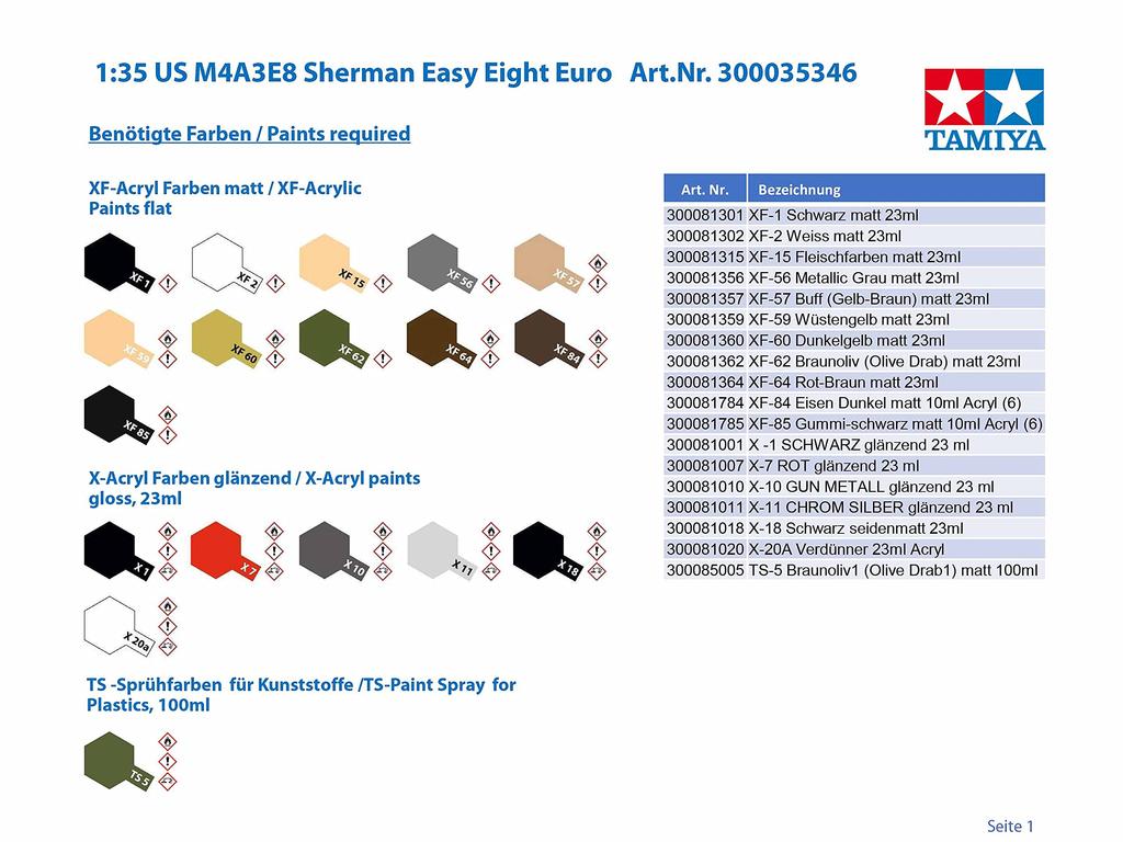 Tamiya 1/35 Military Miniature Series No. 346 U.S. Army Tank M4A3E8 Sherman Easy Eight European Theater Plastic Model Kit 35346