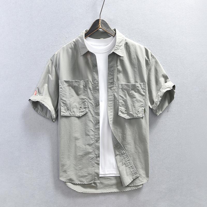 Summer Shirts for Men Japanese Style Cargo Short Sleeve Shirt Lapel Collar Double Pockets Casual Shirt Youth Streetwear Loose Top