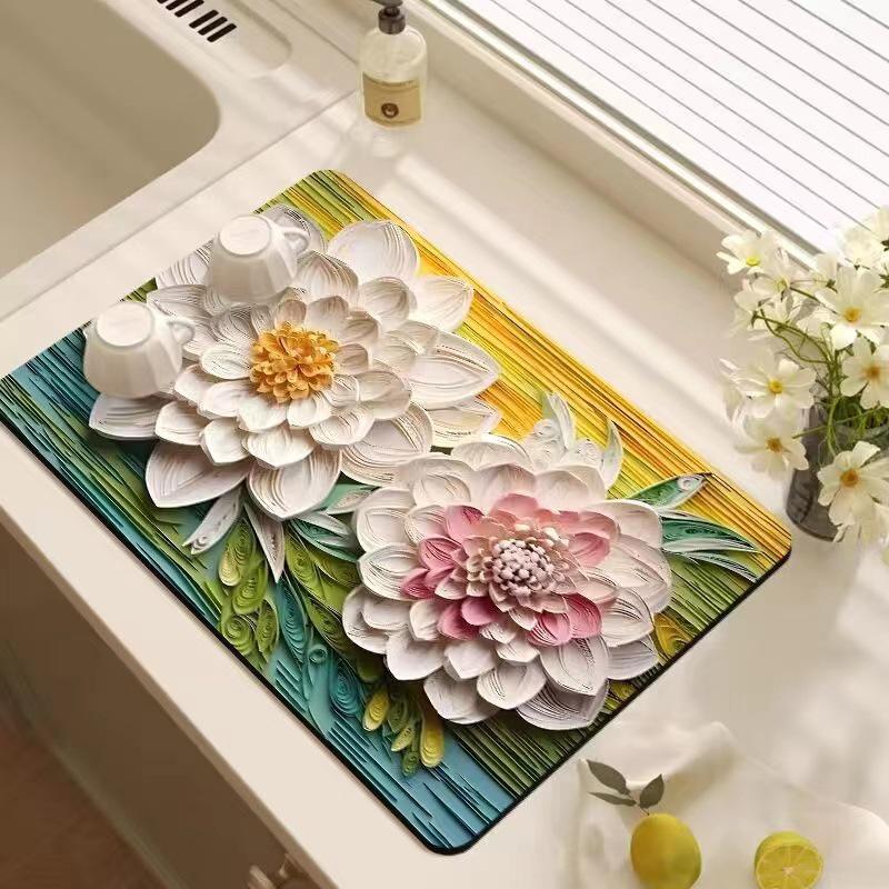 Oil Painting Style Floral Water-Absorbent, Stain-Resistant Kitchen Mat – Heat Insulation, Wear-Resistant, Easy-Clean Draining Mat