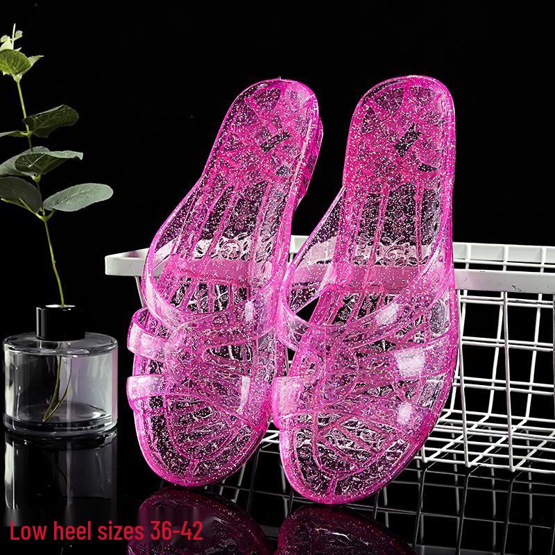 Women's Transparent Low Heel Crystal Slippers - Freeze Resistant, Korean Style for Indoor Summer Use