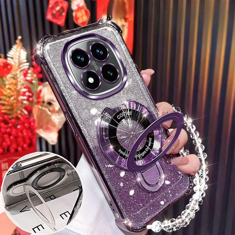 Pro Xiaomi Redmi Note 14 Pro Plus 14C 4G 5G Pouzdro Třpytivé Pokovení Magnetický Držák Náramek Kryt