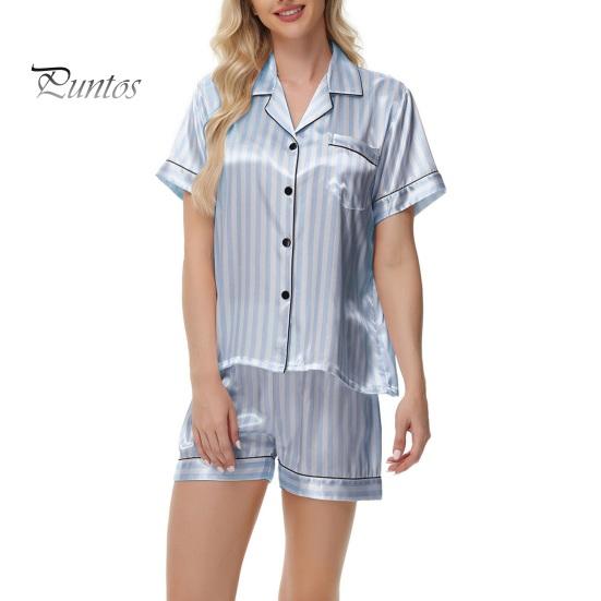 

2 шт./комплект женский рубашка шорты костюм плюс размер лацкан короткий рукав атласный полосатый контрастный цвет топ эластичный пояс короткие брюки домашняя одежда одежда для отдыха S синий