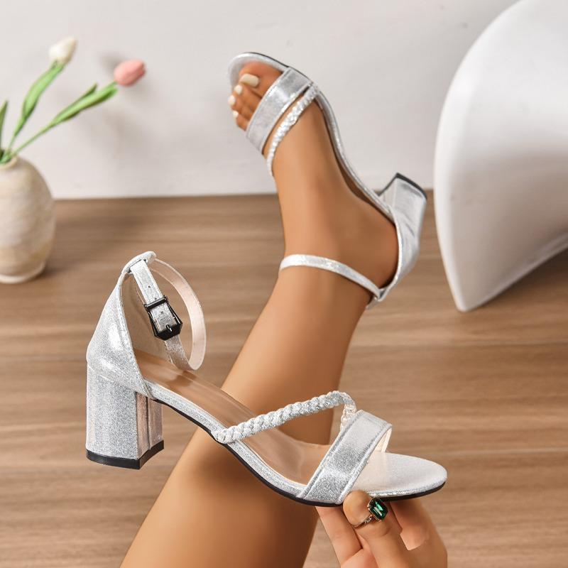 Coarse Heel High Heel Sandals Women's Silver One-Word Belt Braided Belt Fashion Sandals Large Size Women's Shoes