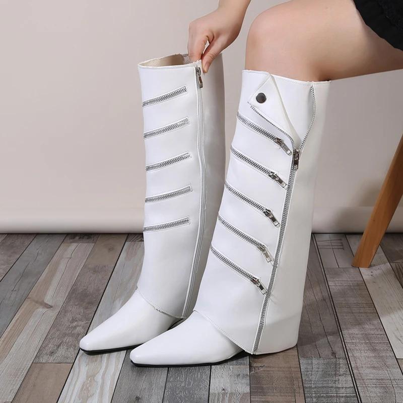 Fashion High Boots Fashion Pointed Toe Outside Wear Side Zipper Non-Slip Wear-Resistant Wedge Non-Knee Thigh Boots