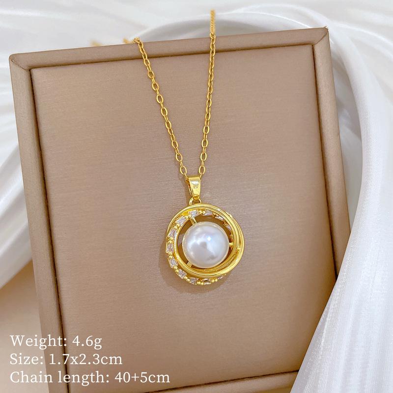 Titanium Steel, Rotating Bird S Nest Pearl Light Luxury Temperament Gorgeous Full Diamond Necklace Female Versatile Collarbone Chain\