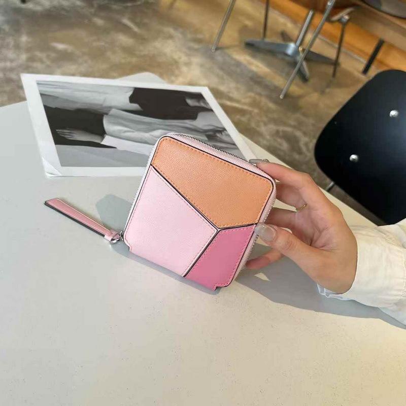 2025 New Genuine Leather Wallet Women's Handbag Wallet Short Style Simple Color Contrasting Geometric Splicing Single Zipper Women's Money