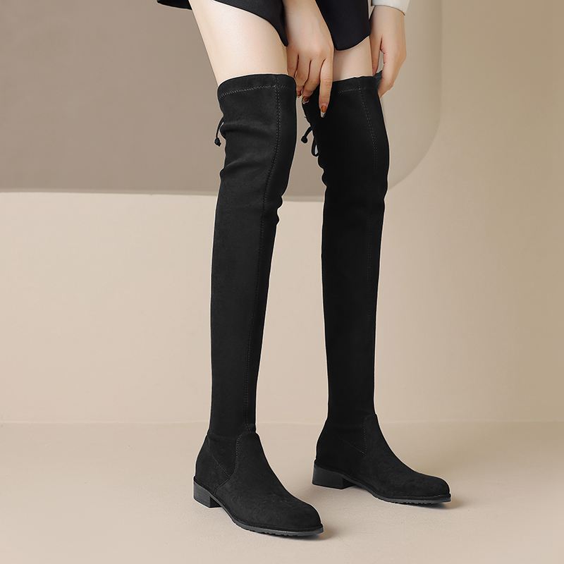 Krazing Pot Осенне-зимняя обувь из флока Низкие каблуки Эластичные сапоги-трубы Круглый носок Сохраняют тепло Эластичные сапоги выше колена 34 чёрный 7659₽