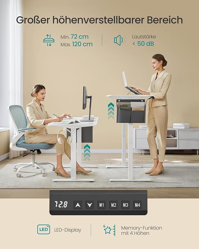 SONGMICS LSD134W01 Height-Adjustable Electric Desk, 60 x 140 x 72–120 cm, Memory Function with 4 Heights, for Home Office, Study, Cloud White