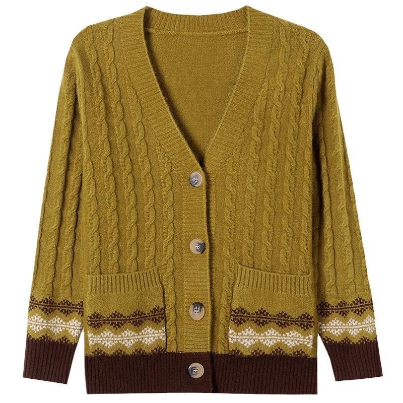 Frühlings- und Herbst Damen V-Ausschnitt Pullover Mantel Jacquard Oberteil Locker Gestrickte Strickjacke