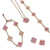 Vintage Medieval Rose Pink Flower Seiko Flash Diamond Clover Bracelet Necklace Stud Earrings Dopamine Vintage Set