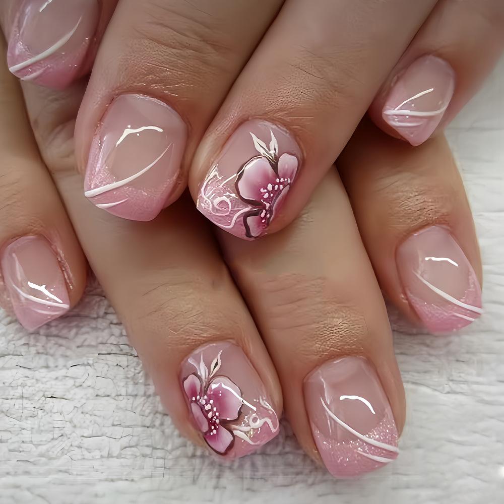 Simple elegance simple nude solid color pink French lines pink flower glitter pink bright