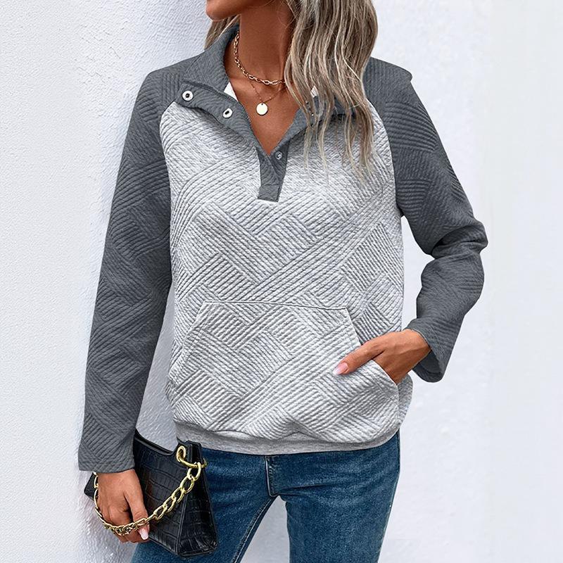 Felpa con collo alto e cuciture a contrasto, casual, comoda, autunnali, da donna, con scollo a V e motivo a zigzag, Muscle Sense